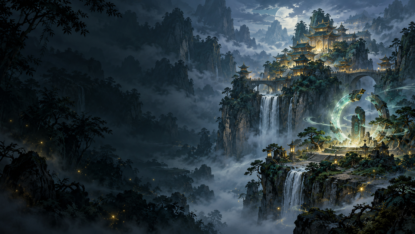 A jade shrine in a mountain landscape